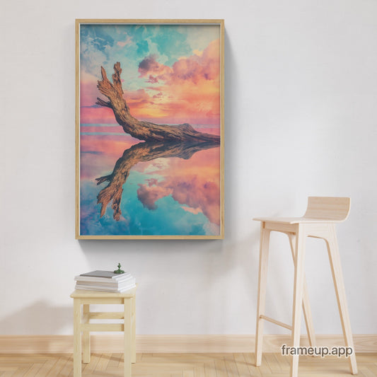 A top quality, framed painting of Driftwood reflections in pastels with a reflection in the water on acid-free canvas.