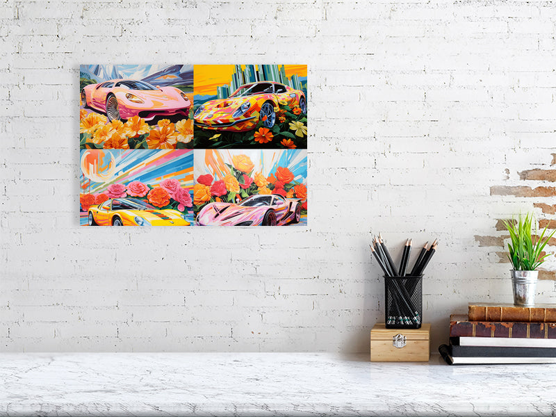 Futuristic sport car and giant flower painting inspired