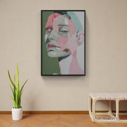 An abstract painting of a woman's face, Portrait In Pastels - XXL Framed Canvas Wraps.