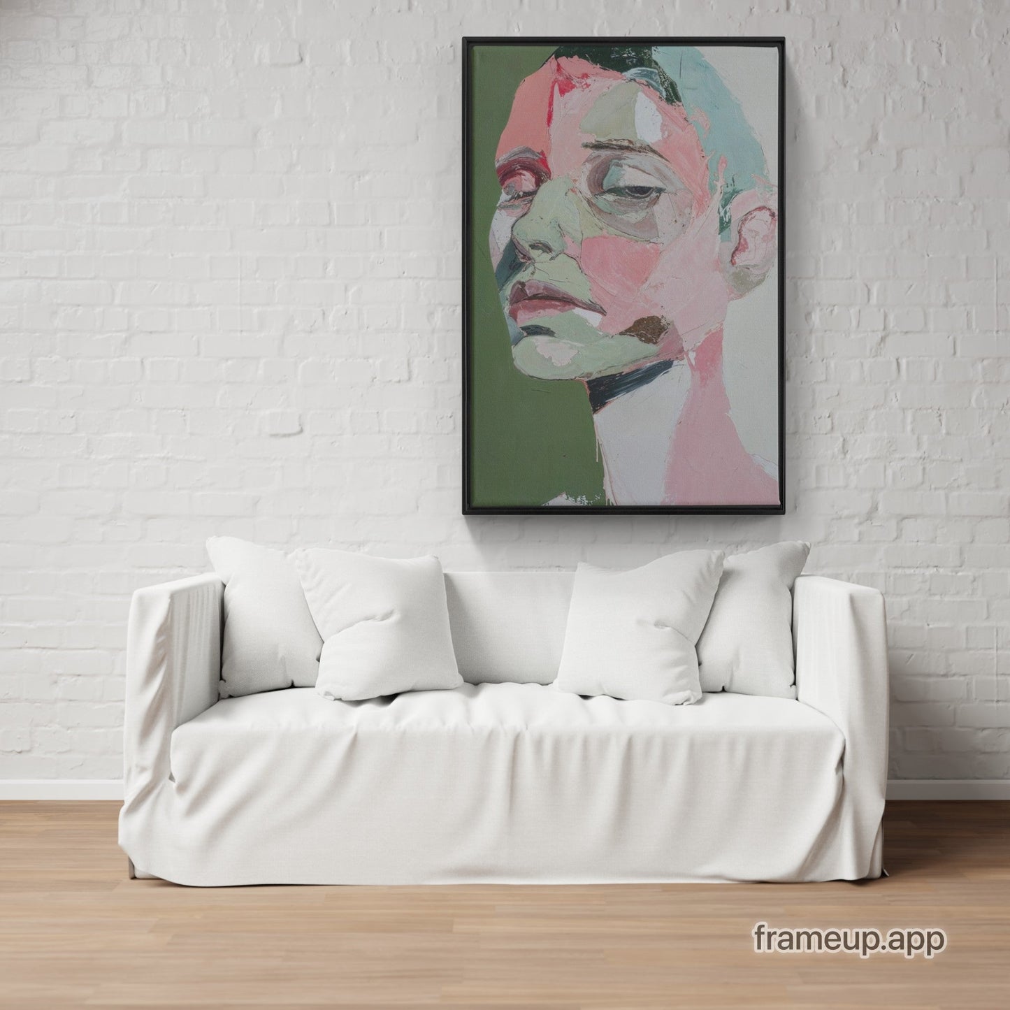 An abstract painting of a woman's face, Portrait In Pastels - XXL Framed Canvas Wraps, hanging on a canvas.