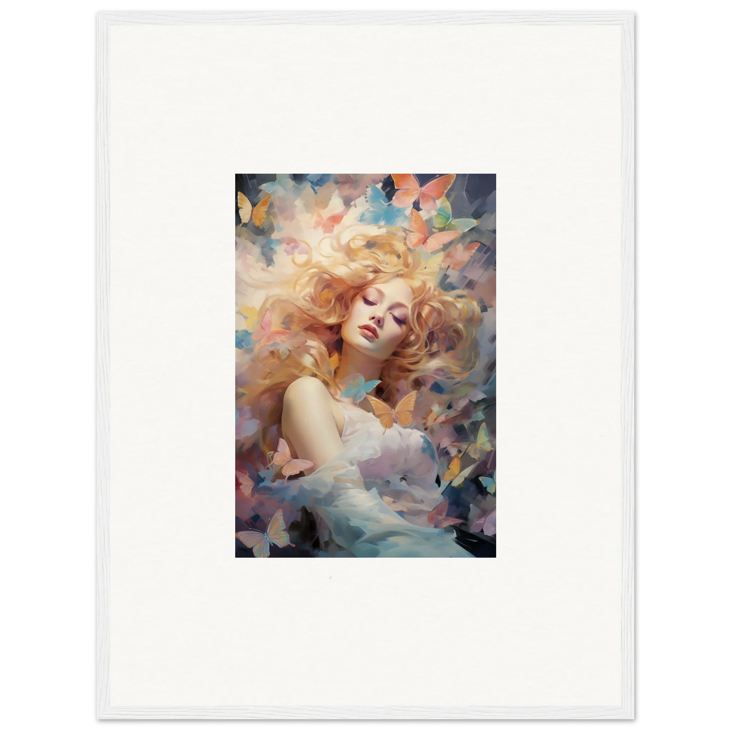 Painting of a woman with blonde hair among colorful brushstrokes for room decor