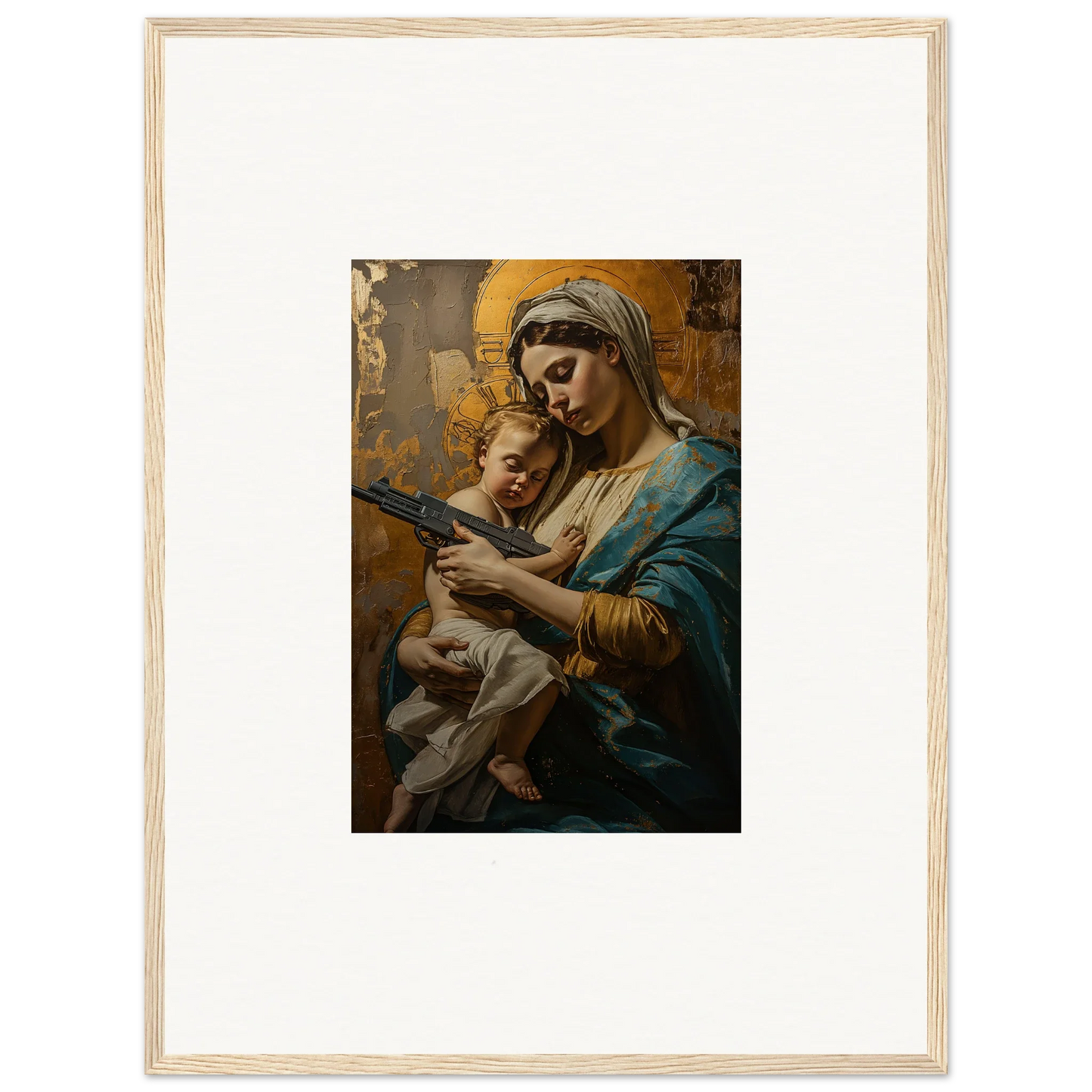 Painting of a woman in blue holding a baby, ideal framed wall art for serenity spirit room decor