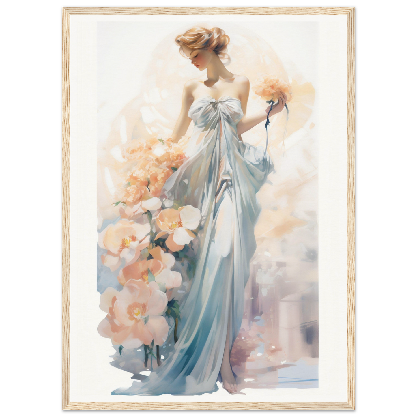 A painting of a woman in a blue dress holding flowers