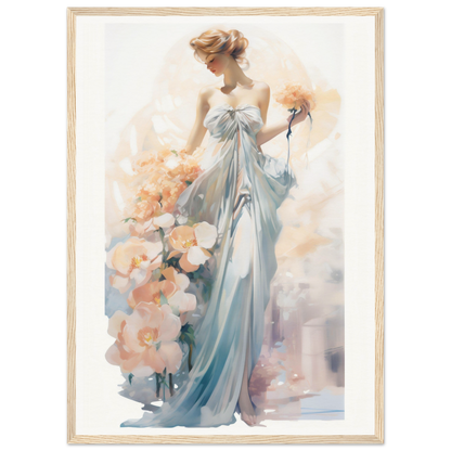 A painting of a woman in a blue dress holding flowers