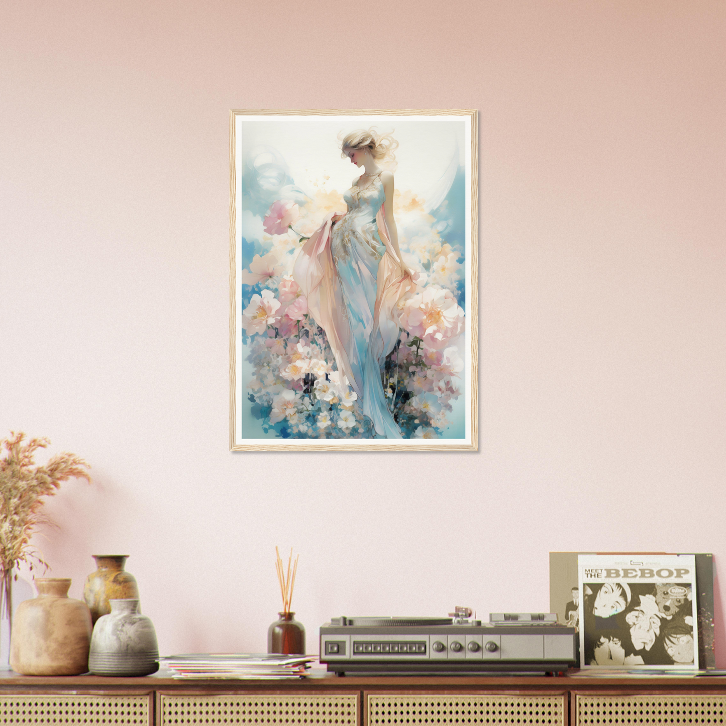 A painting of a woman in a blue dress with flowers on the wall