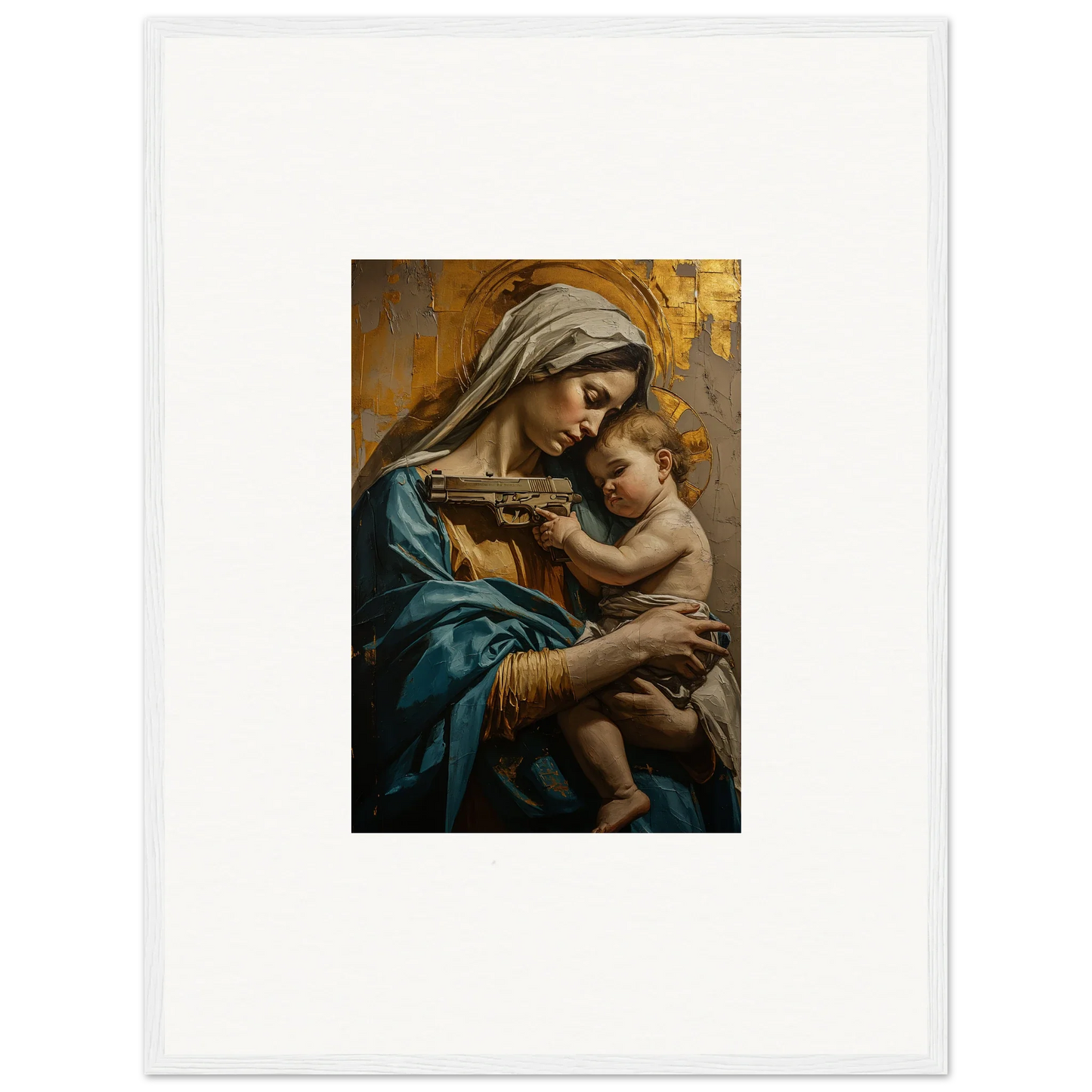 Painting of a woman in blue robes with a baby, perfect for Saints Harmony room decor