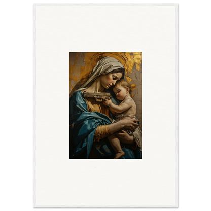 Painting of a woman in blue robes holding a baby, perfect for Saints Harmony room decor