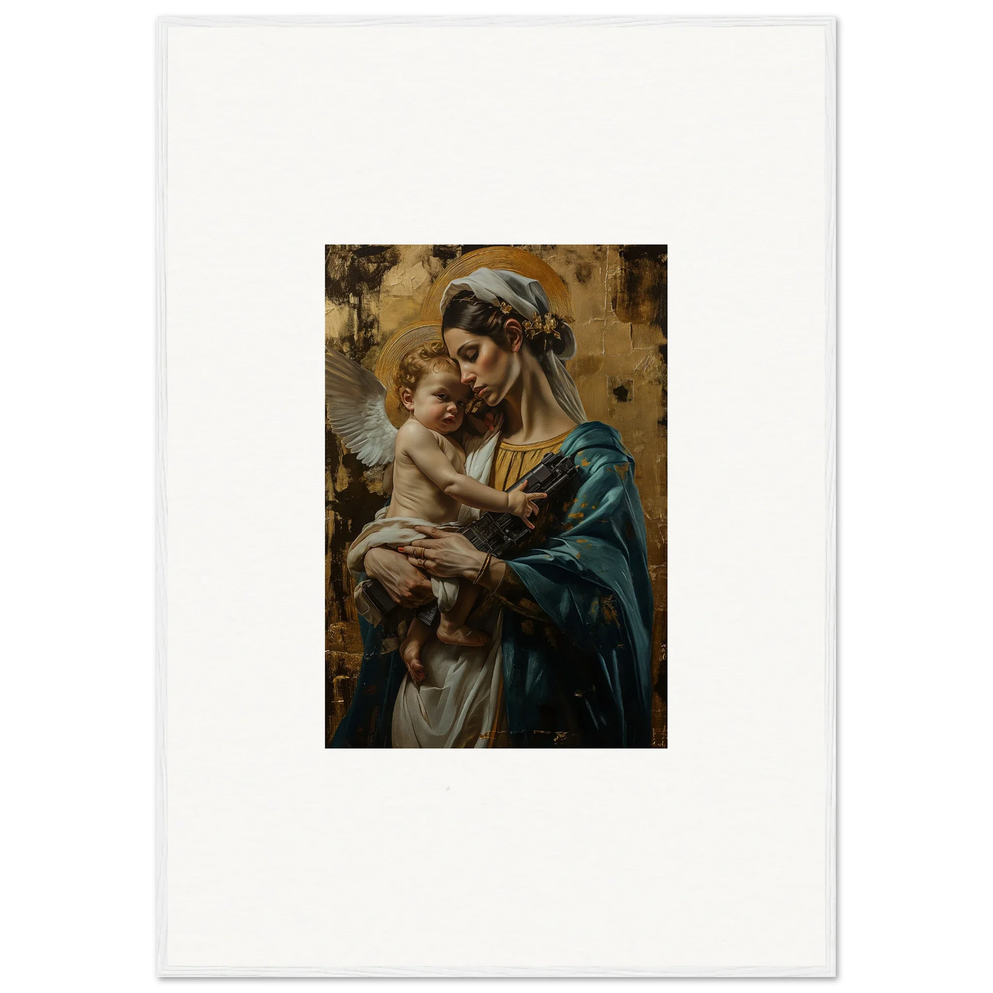 Painting of a woman in blue robes with a cherubic infant for metallic lullabies room decor