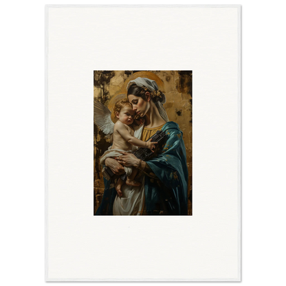 Painting of a woman in blue robes with a cherubic infant for metallic lullabies room decor