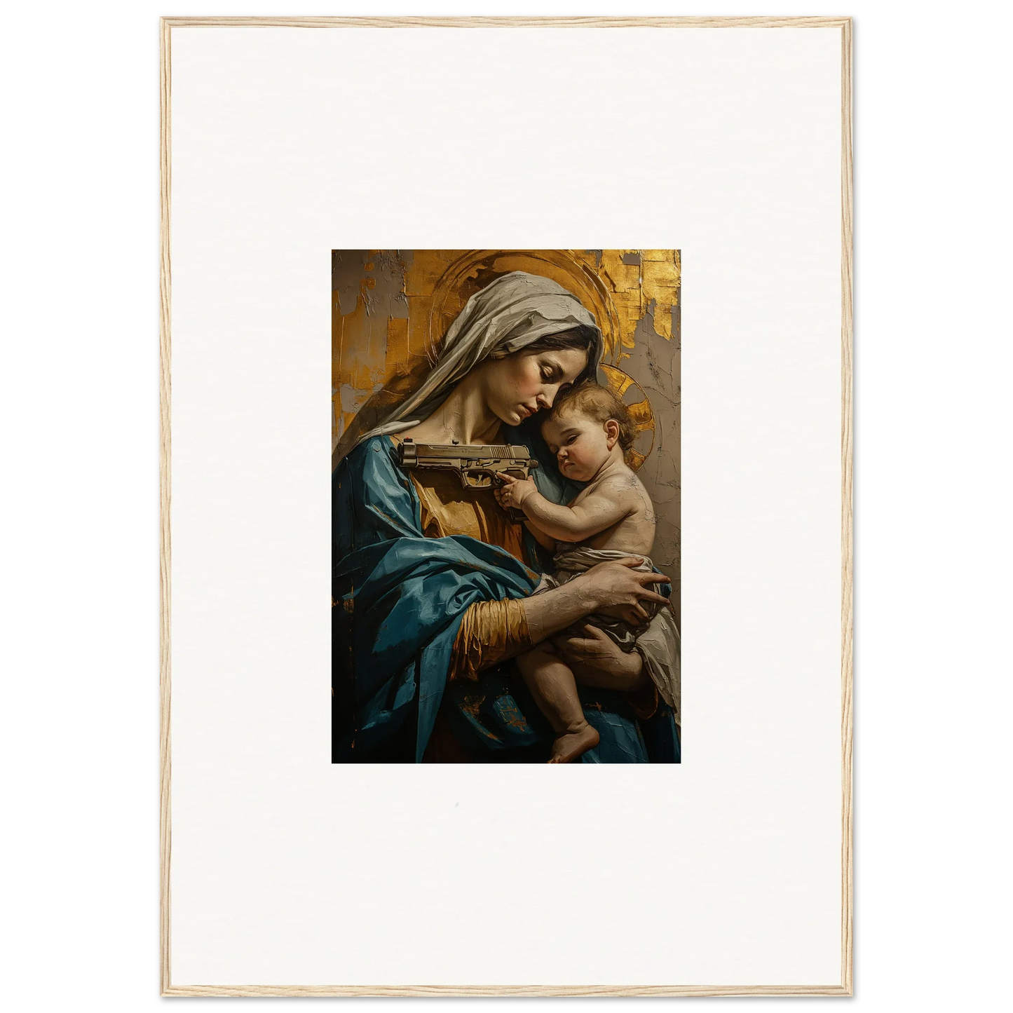 Painting of a woman in blue robes with a baby for Saints Harmony room decor