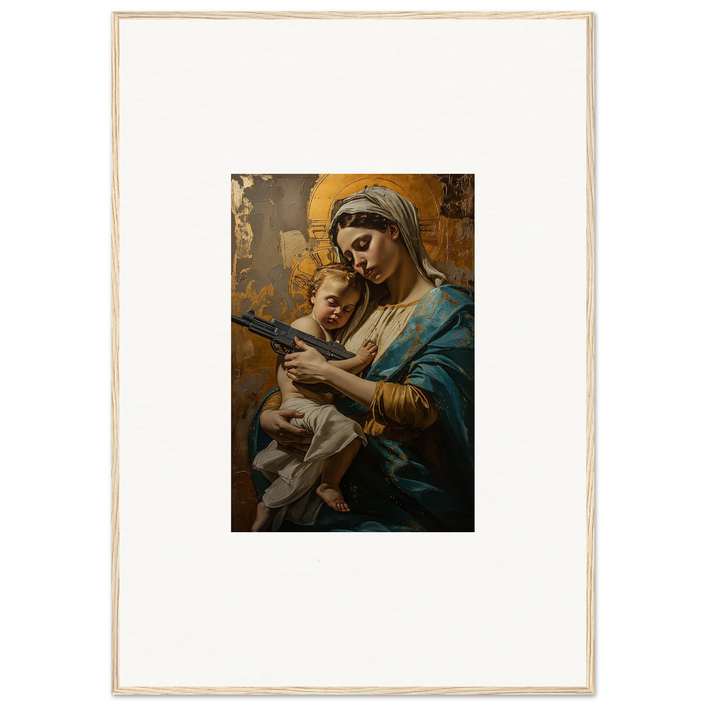 Painting of a woman in blue robes with a baby for serene room decor and framed wall art