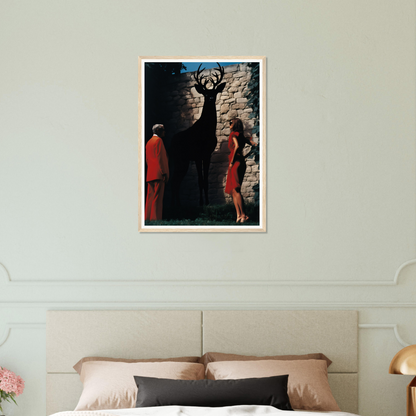 A painting of a woman and a deer in a bedroom