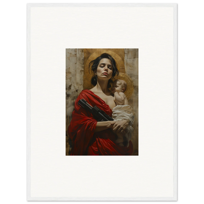 Painting of a woman in a red robe holding a baby, perfect for room decor or canvas prints