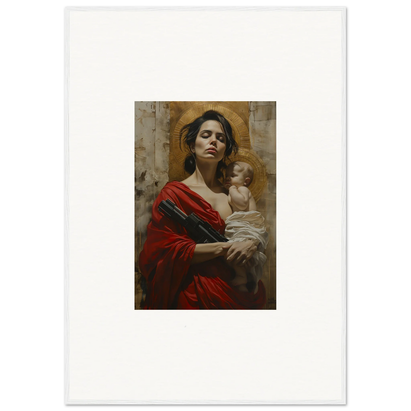 Painting of a woman in a red robe holding a baby, perfect for room decor and canvas prints