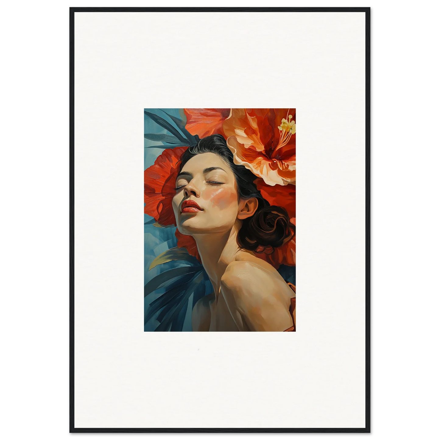 Vibrant Painting of Woman with Red Flowers, ideal for Room Decor and Framed Wall Art