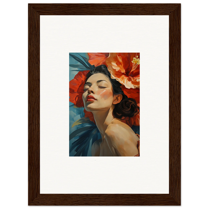 Vibrant woman with red flowers in hair, framed wall art for petal palpitation room decor