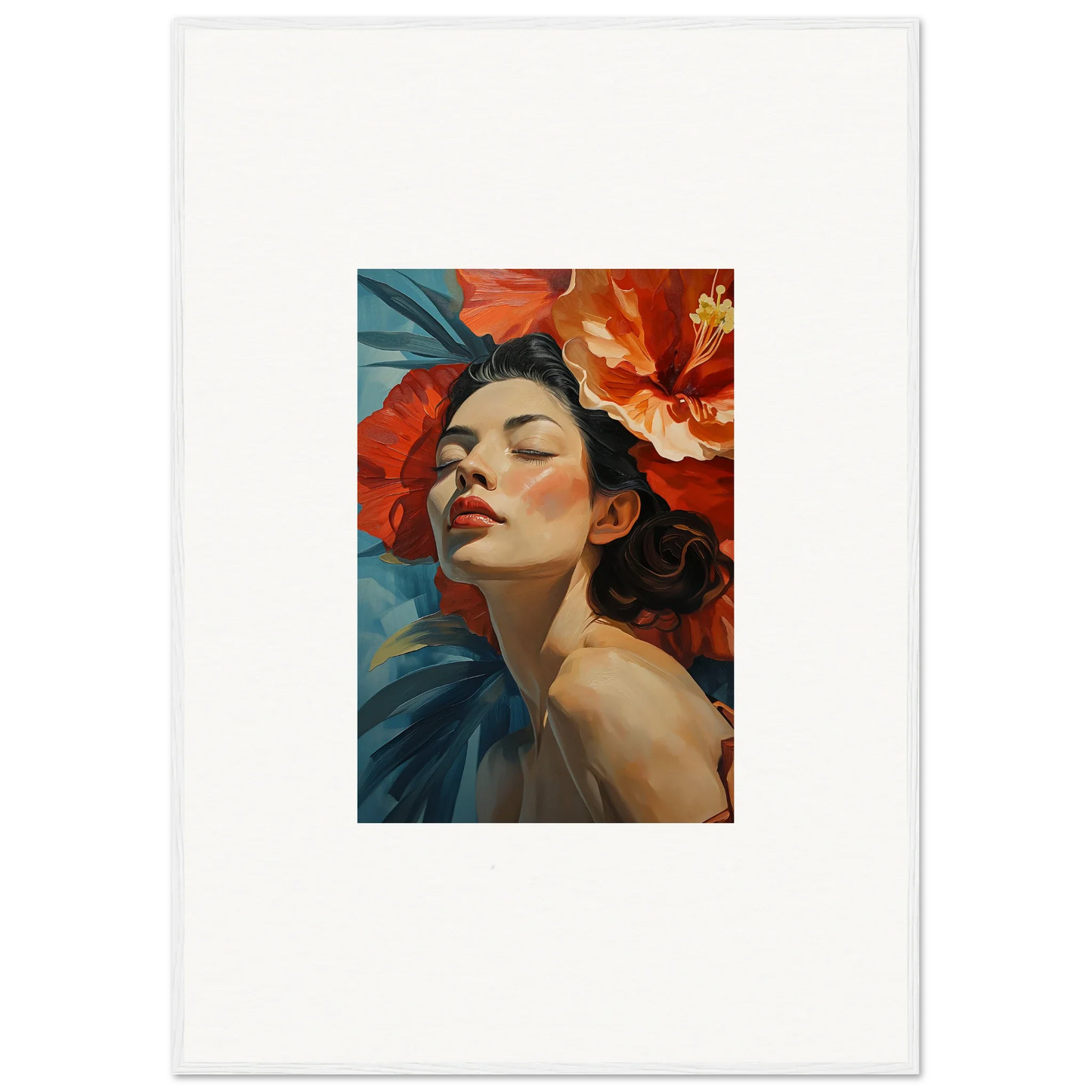 Woman surrounded by vibrant red flowers in Gilded Petal Palpitation framed wall art