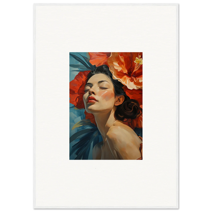 Woman surrounded by vibrant red flowers in Gilded Petal Palpitation framed wall art