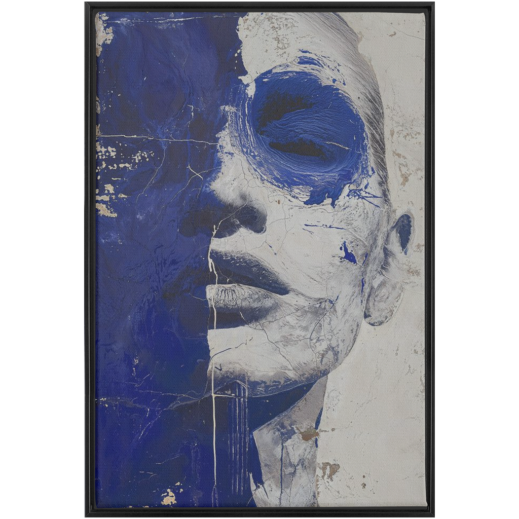 A digitally printed Portrait In Deep Blue - XXL Framed Canvas Wraps of a woman's face on canvas.