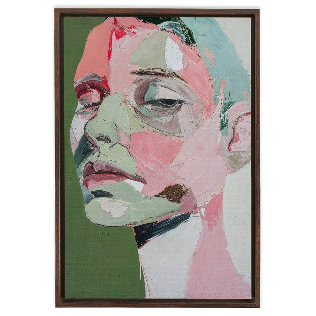 A digitally printed Portrait In Pastels - XXL Framed Canvas Wraps of a woman's face, framed in a hardwood frame.
