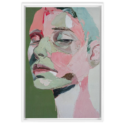 A Portrait In Pastels - XXL Framed Canvas Wraps of a woman's face in green and pink on canvas.
