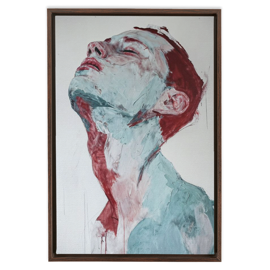 An XXL Framed Traditional Stretched Canvas of a man's face in blue and red.