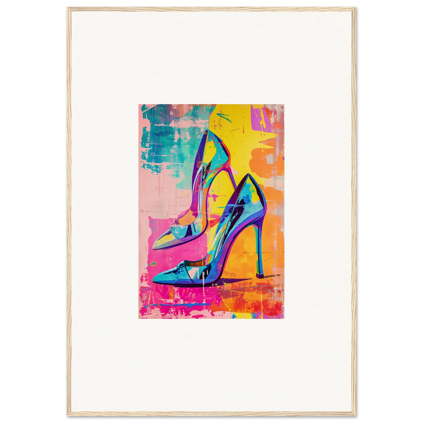 Colorful high-heeled shoes in vibrant abstract style for Heels Reverie room decor