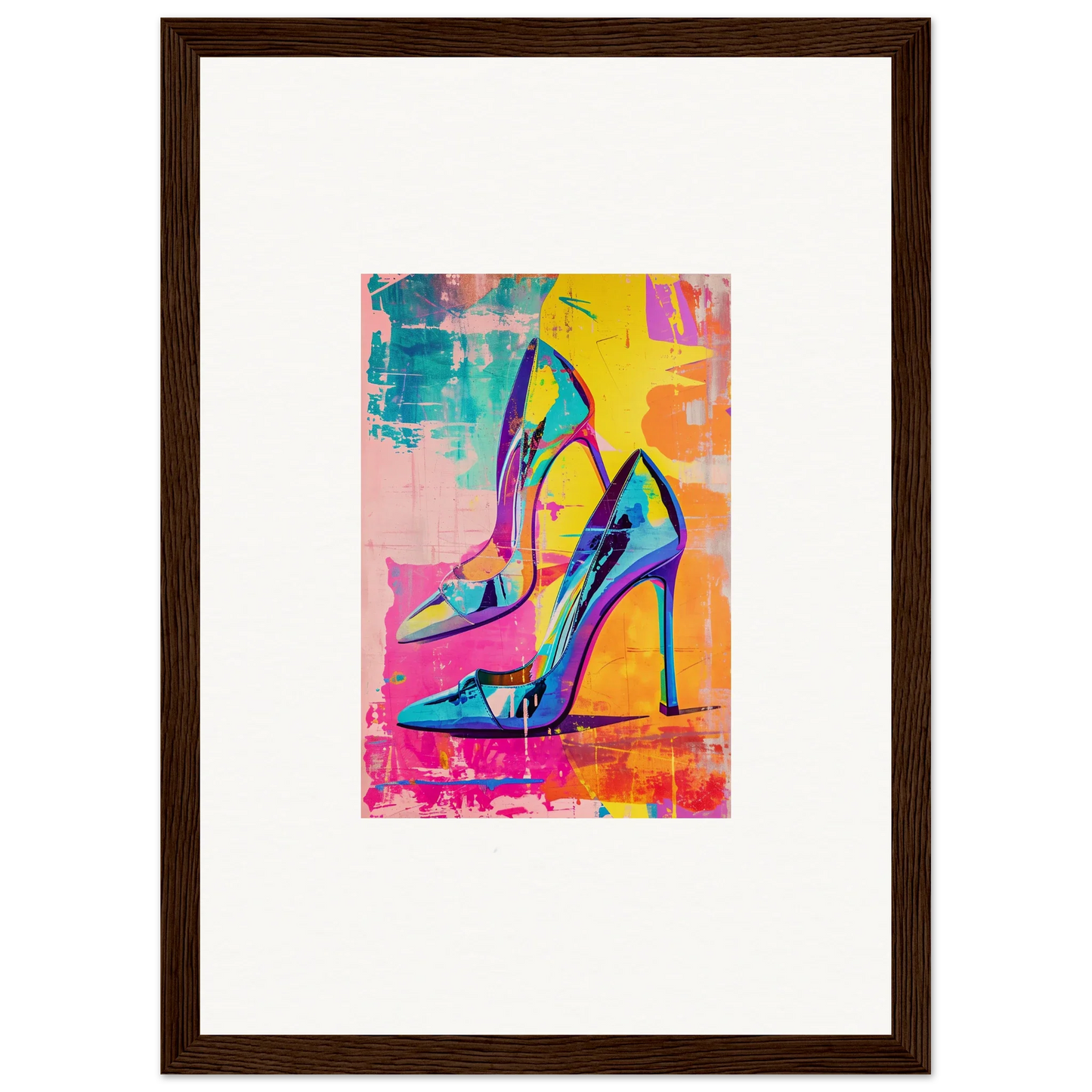 Colorful high-heeled stiletto shoes in vibrant pop art for Heels Reverie decor