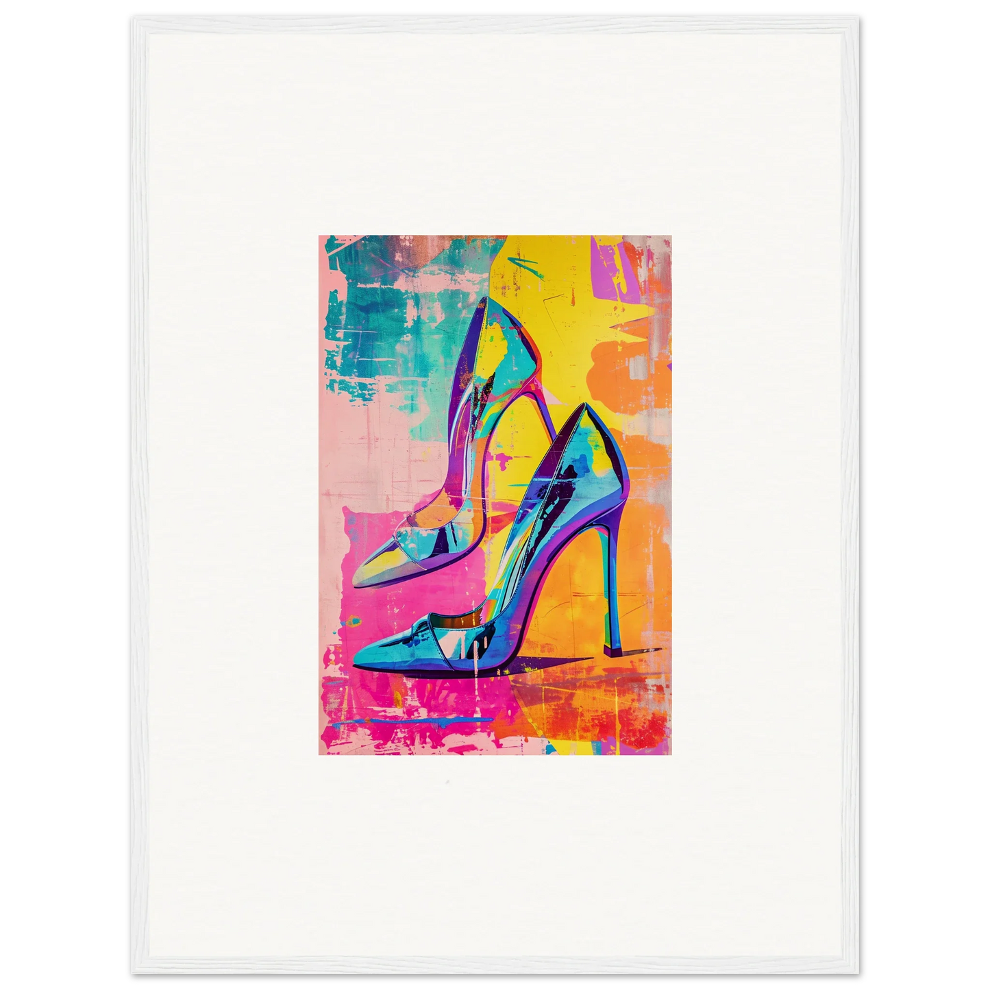 Vibrant high-heeled shoes, perfect for room decor or as stylish framed wall art