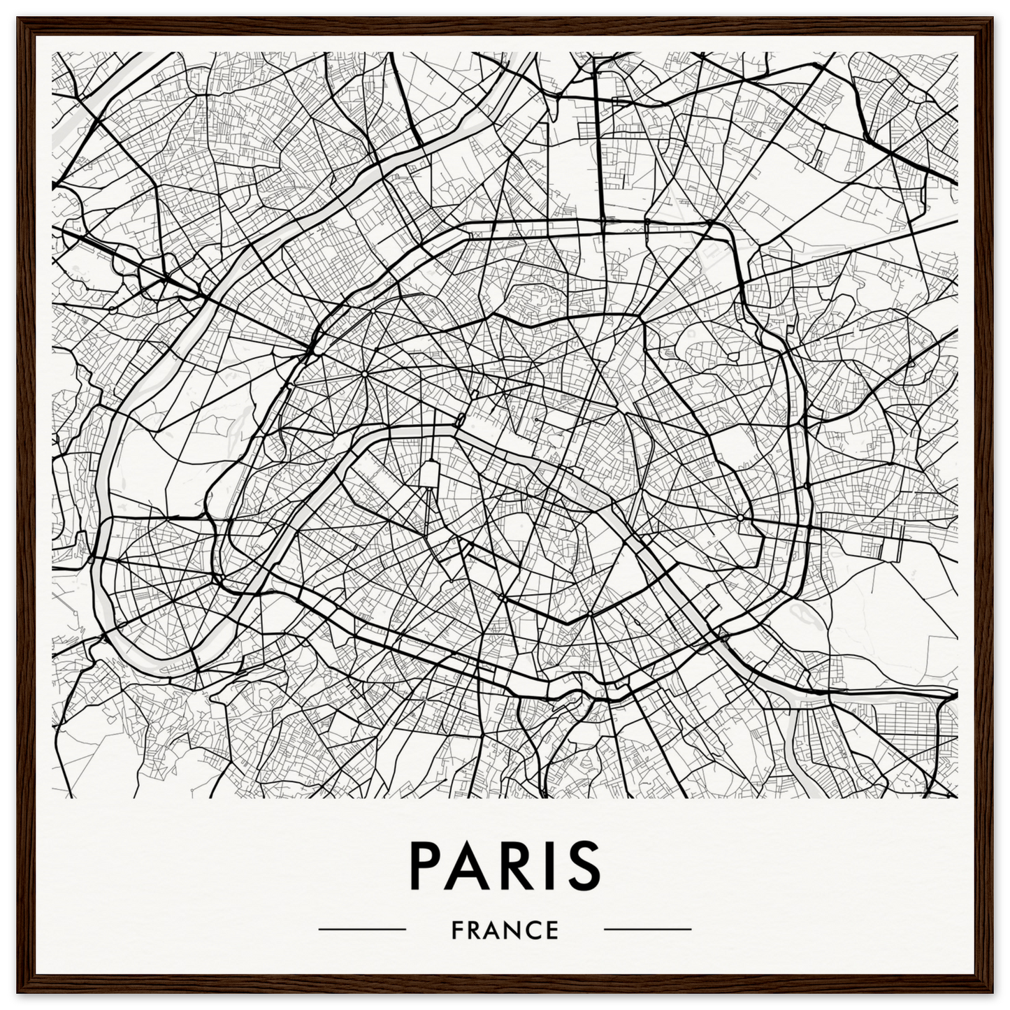 Map of Paris, France, showing the city’s street layout in black and white.