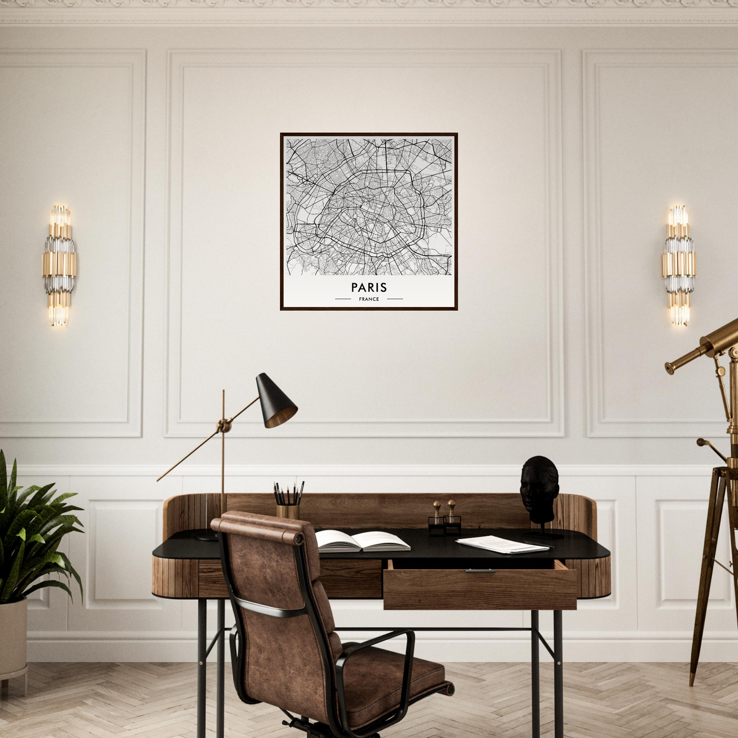 Wooden desk with a leather chair in front of it.