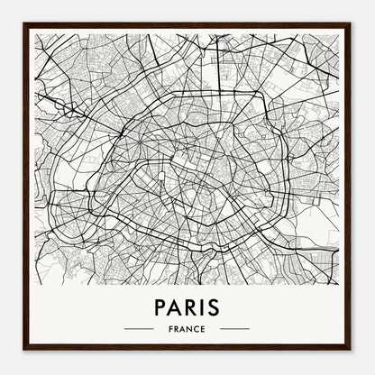 Map of Paris, France, showing the city’s street layout within a square frame.