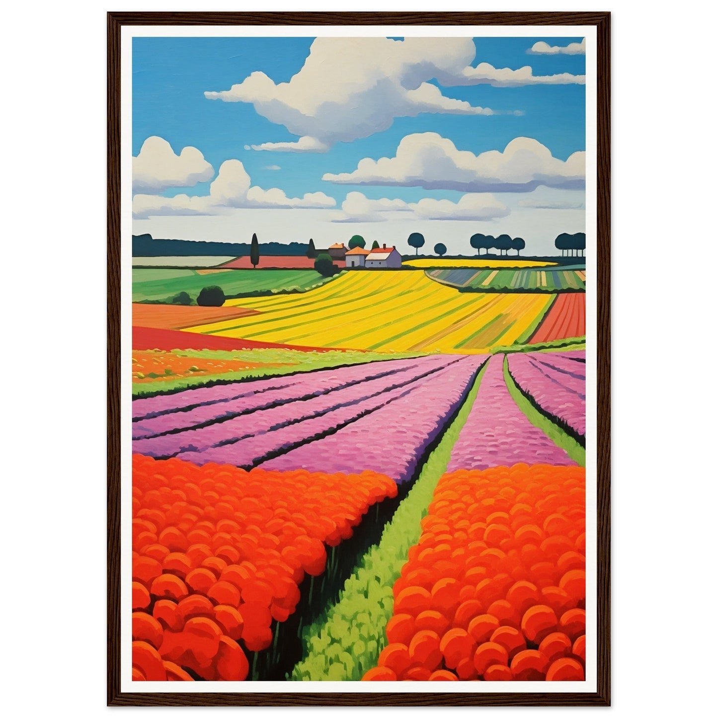 Colorful landscape painting of flower fields with vibrant stripes of different crops.