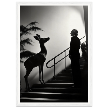 Silhouette of a person and a deer standing on stairs.