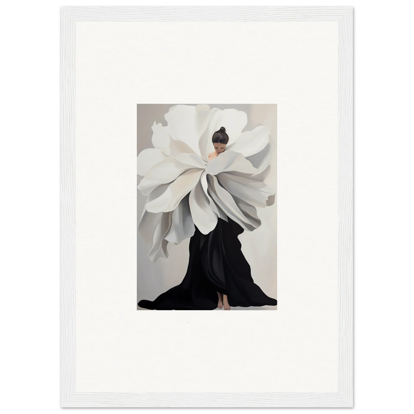 Person in oversized flower garment over a black dress related to Petal Epoch Ascends artwork