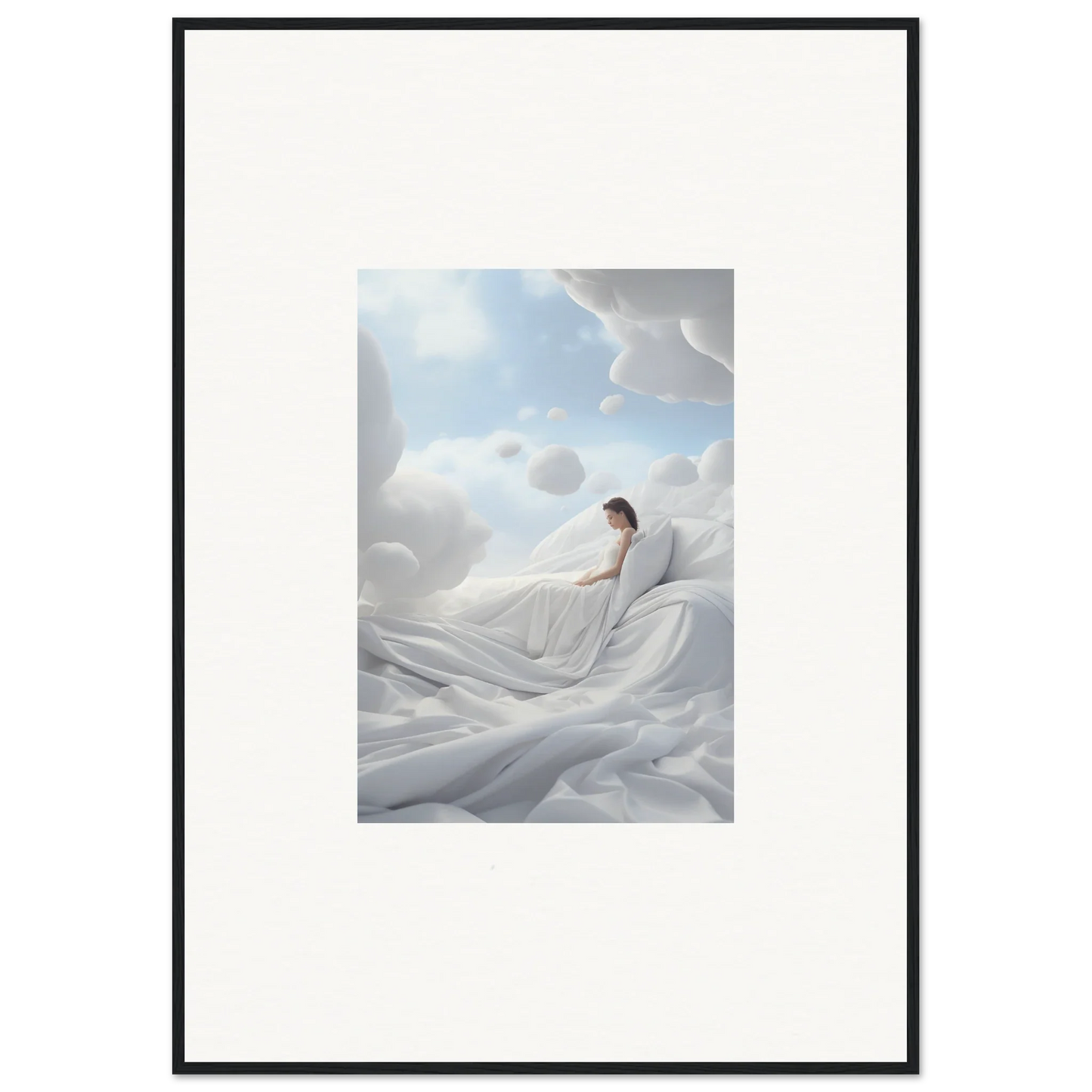 Person in flowing white fabric against clouds, embodying Heavenly Cotton Dream wall art