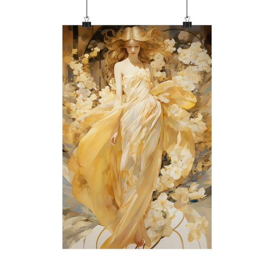 Ethereal painting of a woman in a flowing yellow dress surrounded by white flowers.