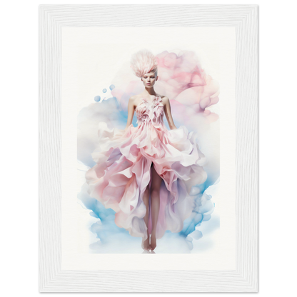 Ethereal figure in a flowing pink and white gown with a ruffled, asymmetrical skirt.