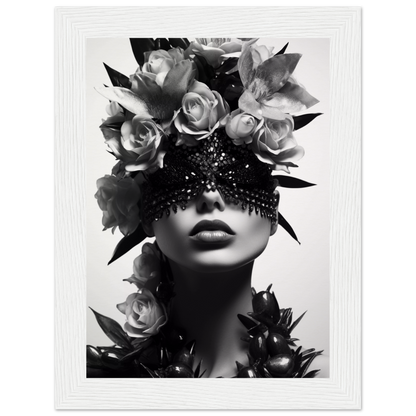 Striking black and white portrait featuring a figure adorned with floral headpiece and intricate eye covering.