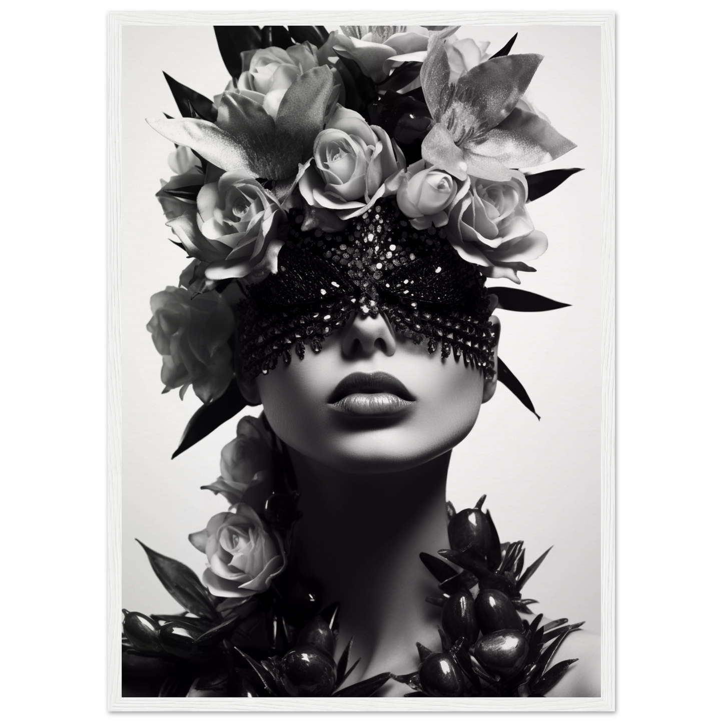 Artistic black and white portrait featuring a figure adorned with roses and an ornate eye covering.