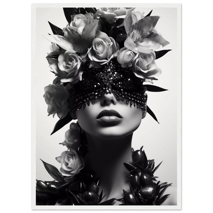 Artistic black and white portrait featuring a figure adorned with roses and an ornate eye covering.