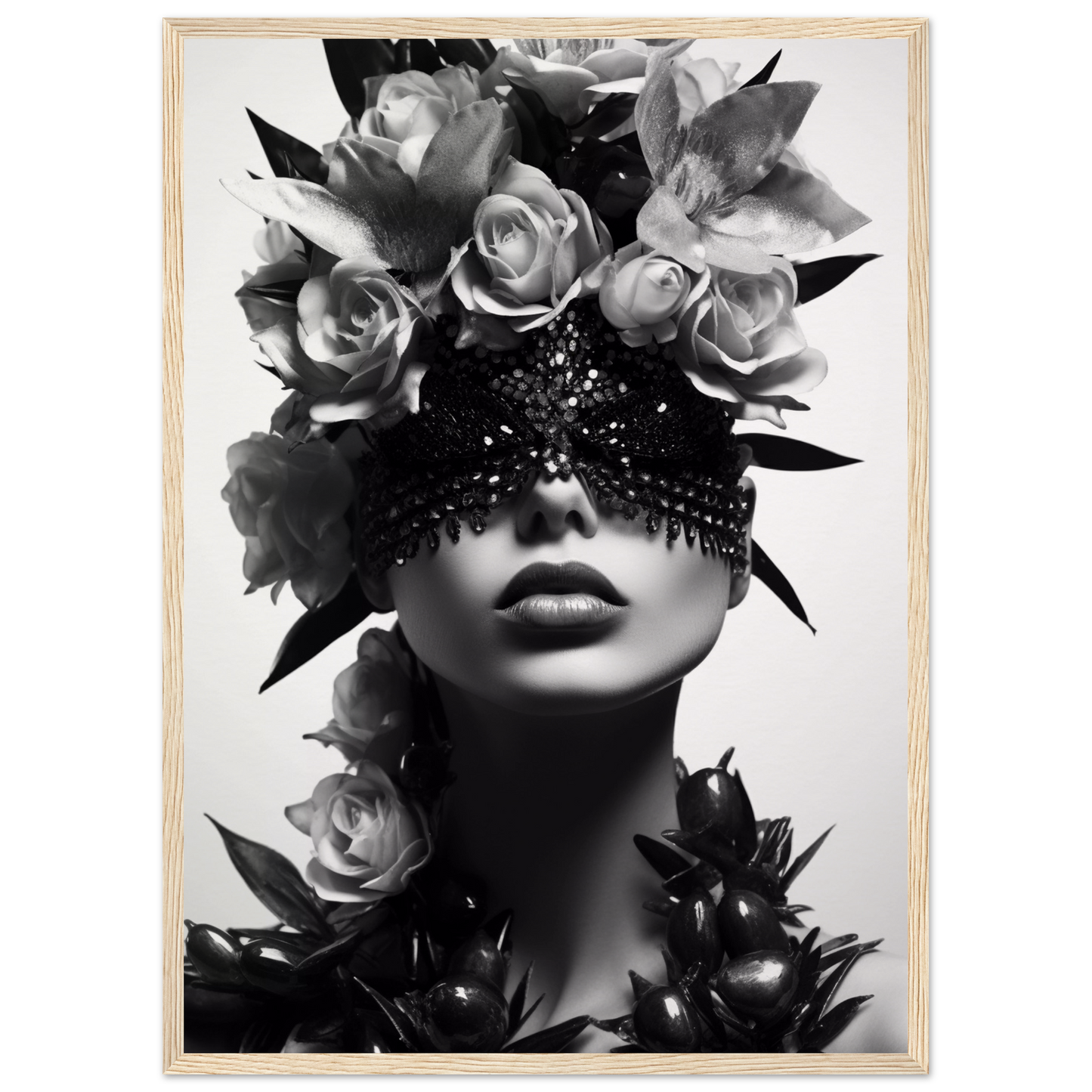 Artistic black and white portrait featuring a figure adorned with roses and a decorative eye covering.