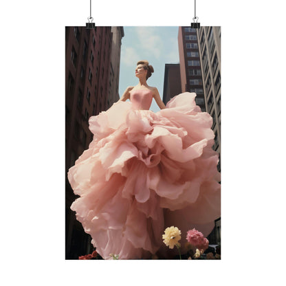 Woman wearing an extravagant pink ruffled gown resembling a giant flower.