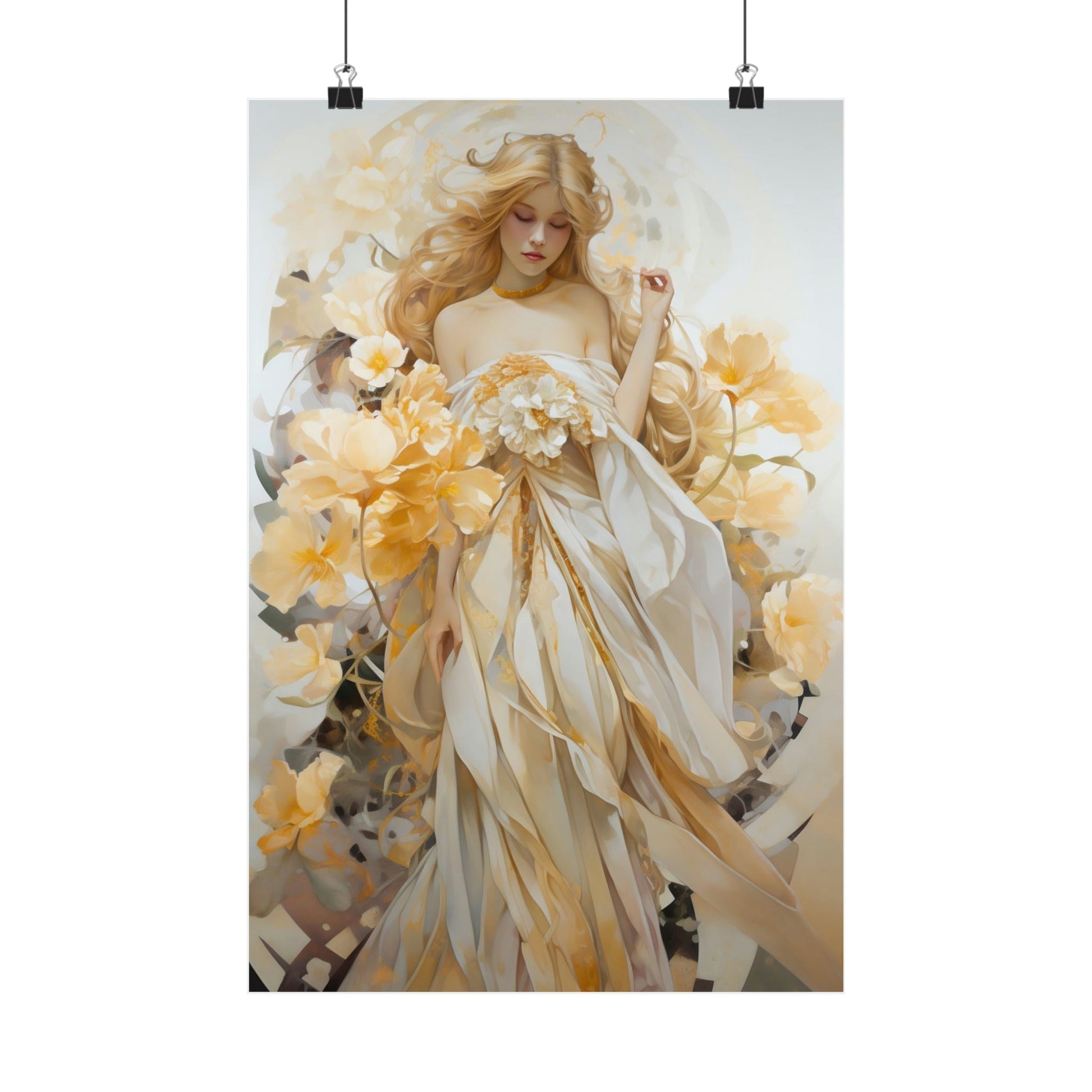 Ethereal painting of a woman in a flowing white dress holding yellow flowers.