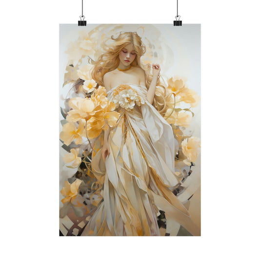 Ethereal painting of a woman in a flowing white dress holding yellow flowers.