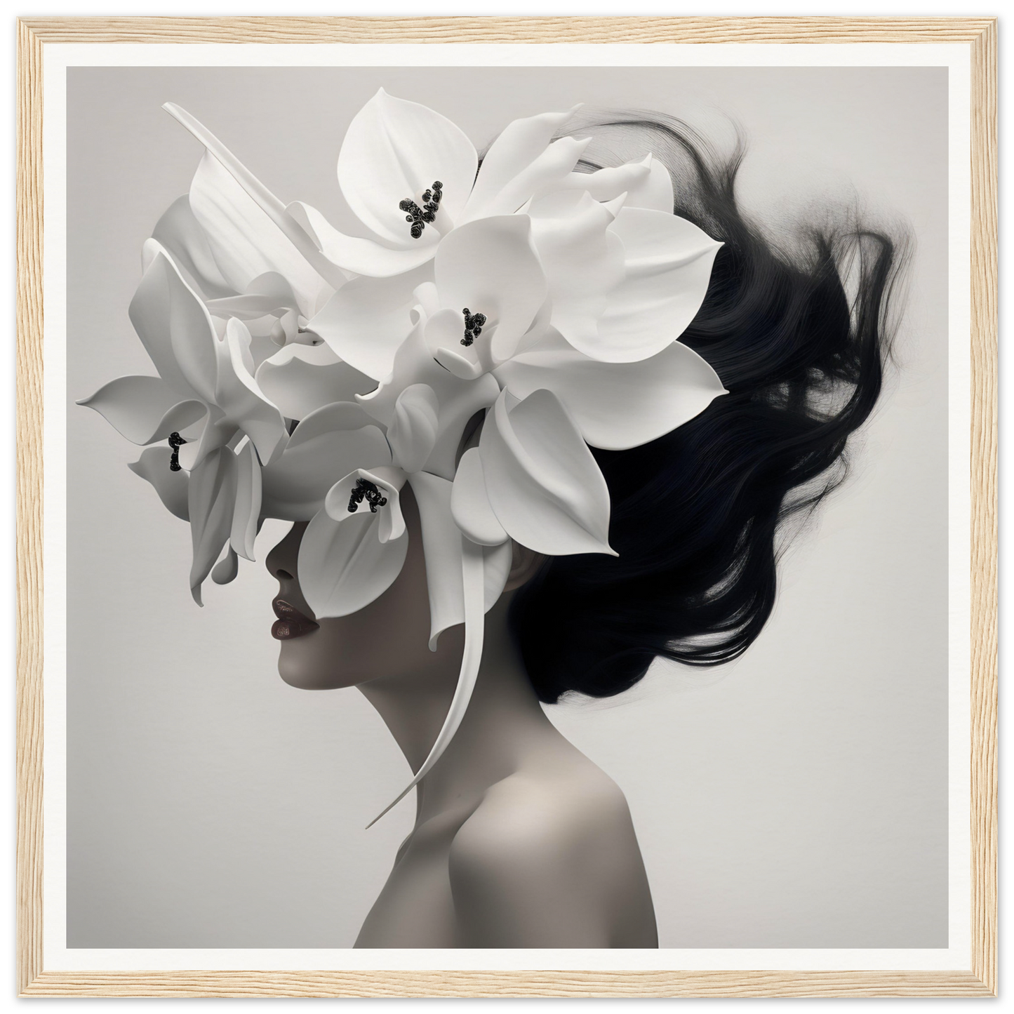 Artistic portrait blending a woman’s silhouette with oversized white orchid blooms as a headdress.