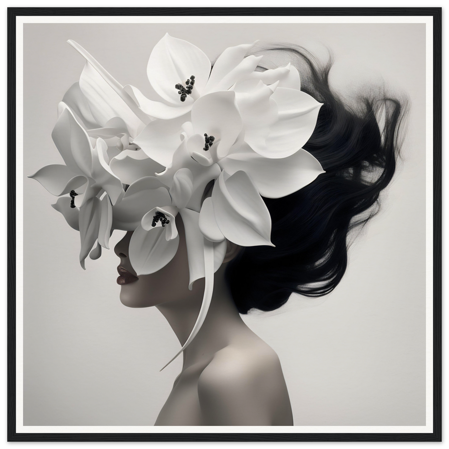 Artistic portrait combining a woman’s profile with large white orchid blooms.