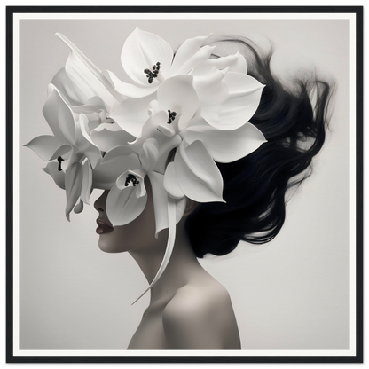 Artistic portrait combining a woman’s profile with large white orchid blooms.