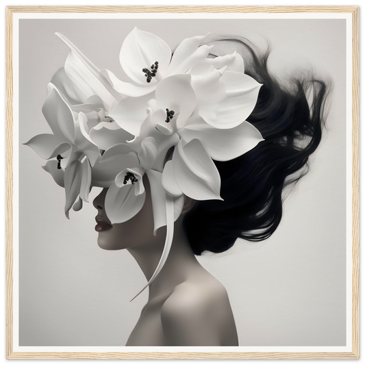 Artistic portrait blending a woman’s profile with delicate white orchids.