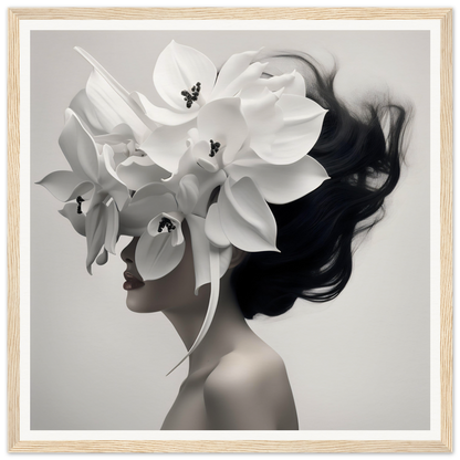 A high quality White Orchid Flower Head The Oracle Windows™ Collection poster of a woman with flowers in her hair, perfect for my wall.